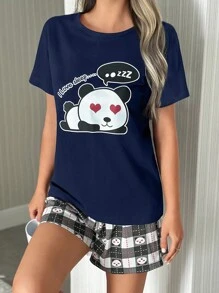 EURMUSE Bộ đồ ngủ mặc nhà tay ngắn họa tiết gấu trúc và khẩu hiệu bằng cotton - Màu xanh hải quân - Xem 3