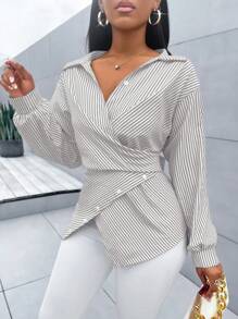 SOLERSUN 女式条纹印花纽扣前开襟衬衫，不对称下摆，蝙蝠袖，裹身衬衫，秋季，长袖，优雅，日常通勤，外出，休闲 - 灰色 - 查看 3