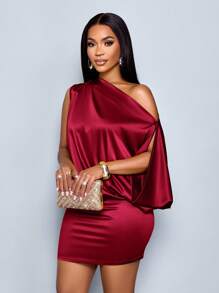 SOLERSUN Đầm ôm body mini bằng vải satin cổ bất đối xứng thanh lịch dành cho nữ - Màu Đỏ Sâu - Xem 5