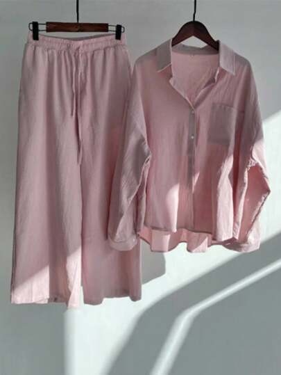 INAWLY Plus Size Women Solid Color Drop Shoulder Long Sleeve Single-Breasted Pocket Shirt And Wide Leg Pants Casual Suit