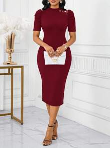 SHEIN Lady Vestido elegante de verano para mujer, de unicolor, con cuello alto, manga corta abullonada y diseño retorcido ajustado