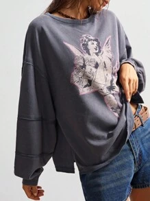 Bohemela Moletom feminino casual de malha com gola redonda, cor sólida, solto e lavado, grande, outono/inverno