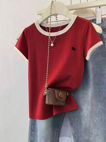 女式休闲撞色镶边红色短袖T恤，夏季