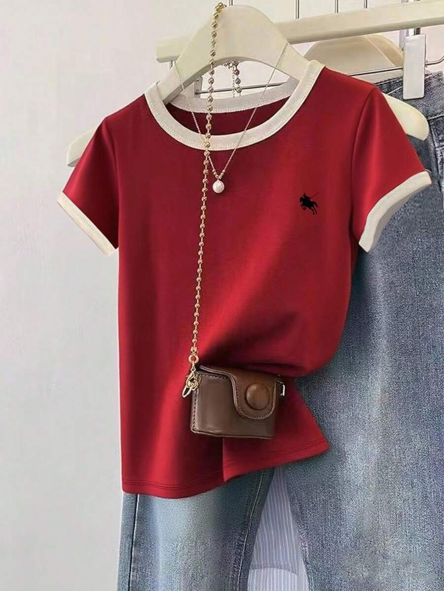 女式休闲撞色镶边红色短袖T恤，夏季