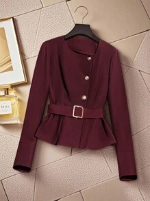 Áo khoác nữ cổ tròn tay dài màu trơn, cài nút đơn thanh lịch - Màu Đỏ Sâu - Xem 1