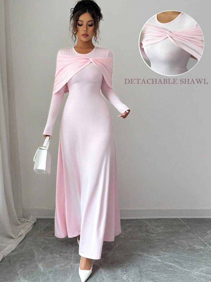 Elenzga Elegant Urban Women's Detachable Shawl Collar Long Sleeve Slim Fit Light Pink Dress,Autumn Tea Party Dress For Commuting And Fall Cloth - Pink - View 1
