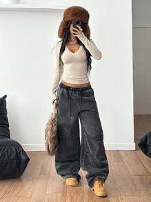 Coolane 女式秋冬街头服饰文艺复兴博览会基本款罗纹针织保暖/寒冷天气/保暖弹力长袖 V 领 T 恤 - 棕色 - 查看 2