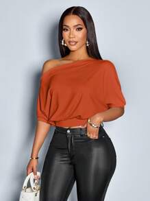 SOLERSUN Camiseta de mujer con cuello asimétrico y hombros fruncidos - Marrón - Ver 4