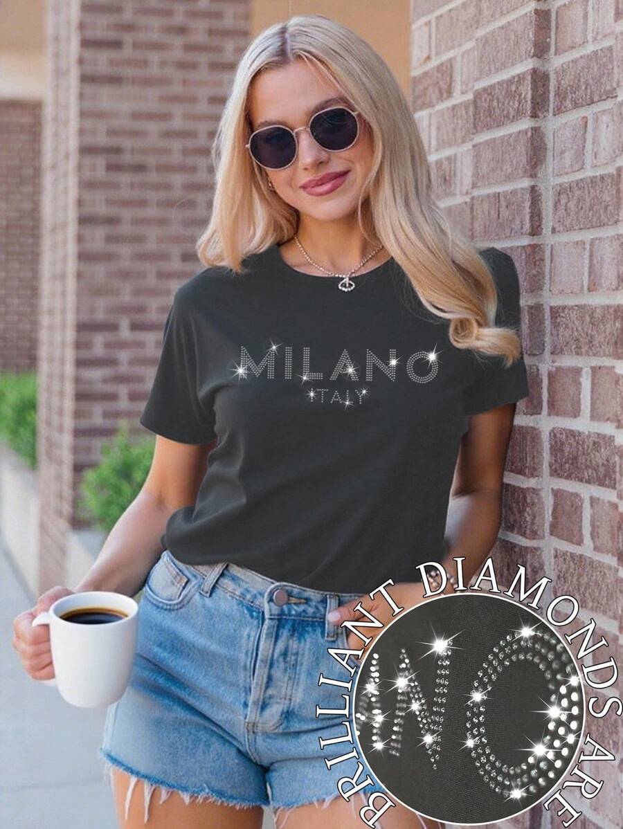 SHEIN Unity Women's Slogan MILANO ITALY Letter Printed T-Shirt Short Sleeved Casual Top MILAN ITALY Graphic Tees Women Tops - Dark Grey - View 1