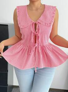 Flirla Plus Size Plaid Peter Pan Collar Open Front Belted Splice Ruched Sleeveless Shirt - Multicolor - View 5