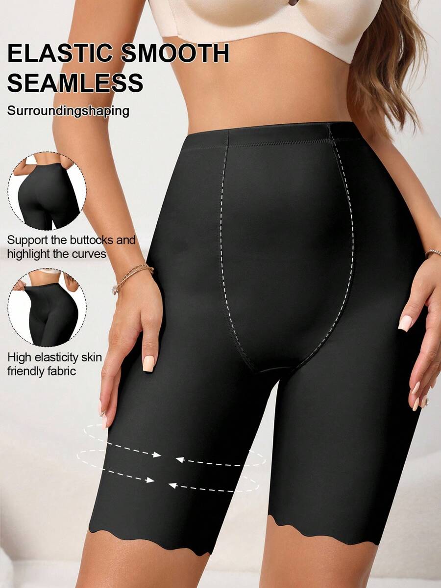 SHEIN 女士高腰贝壳边高弹力塑身裤 - 黑色 - 查看 1