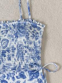 Swim Vcay Bộ đồ bơi liền thân hở lưng in họa tiết màu xanh và trắng ngẫu nhiên dành cho nữ, dây đeo có thể điều chỉnh, đa năng cho trang phục đi biển, ngày lễ và thường ngày - Màu xanh lam - Xem 3