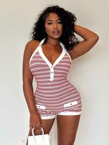 Alexandranx Women's Casual Beach Vacation, Wedding Guest Attire, Graduation Brunch, St. Patrick's Day Spring Break, Easter, Music Festival Elegant Boho Tropical Vintage Knit Texture Colorblock Heart Metallic Buckle Decor Halter Romper, Spring/Summer - Multicolor - View 1