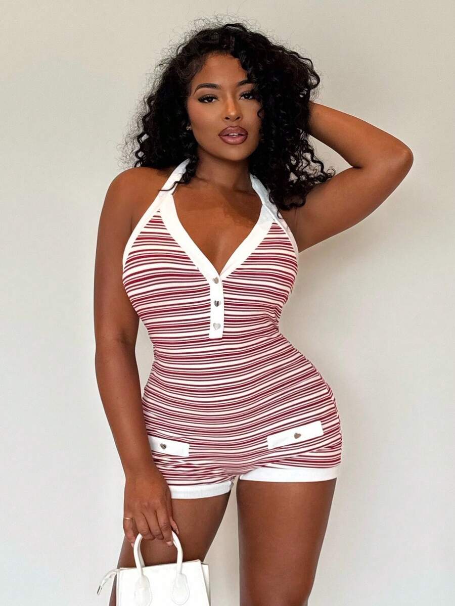 Alexandranx Women's Casual Beach Vacation, Wedding Guest Attire, Graduation Brunch, St. Patrick's Day Spring Break, Easter, Music Festival Elegant Boho Tropical Vintage Knit Texture Colorblock Heart Metallic Buckle Decor Halter Romper, Spring/Summer - Multicolor - View 1