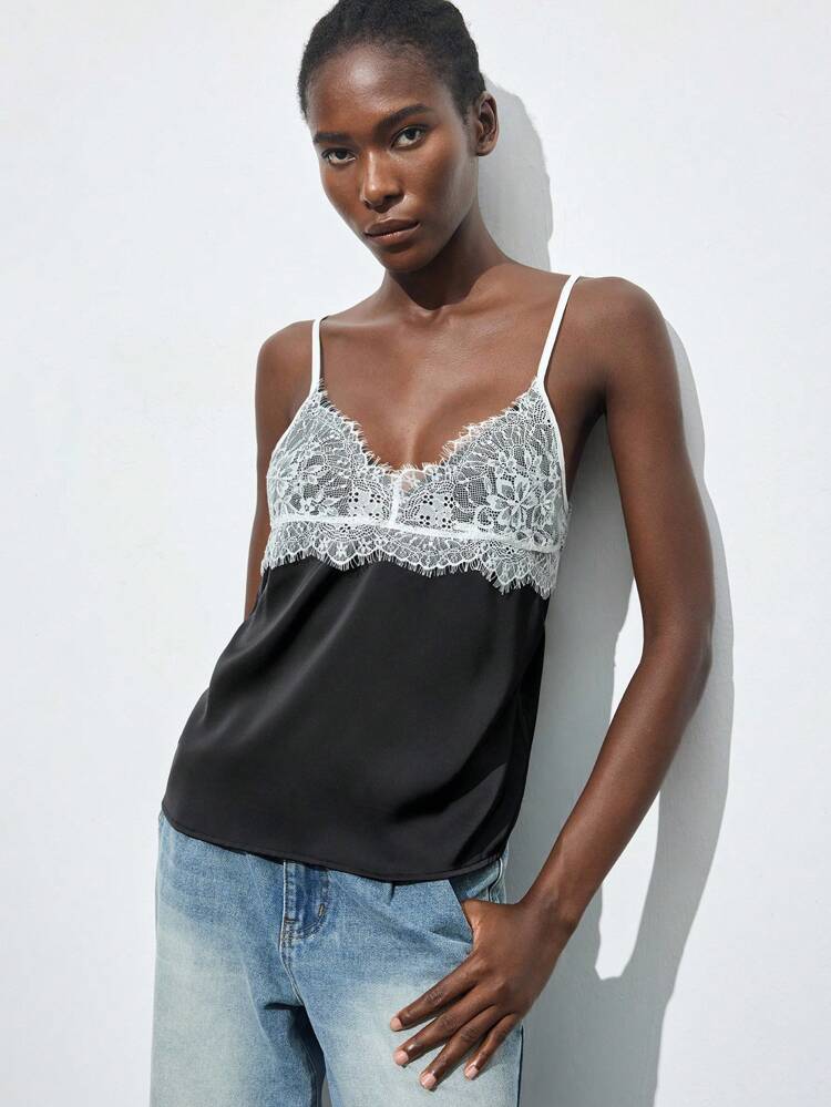 SHEIN Maija Spring & Summer Black & White Lace Patchwork Summer Cami Top For Women, Comfortable, Skin-Friendly, Elegant, Suitable For Graduation, Brunch, Formal/Casual Business Outings Beach