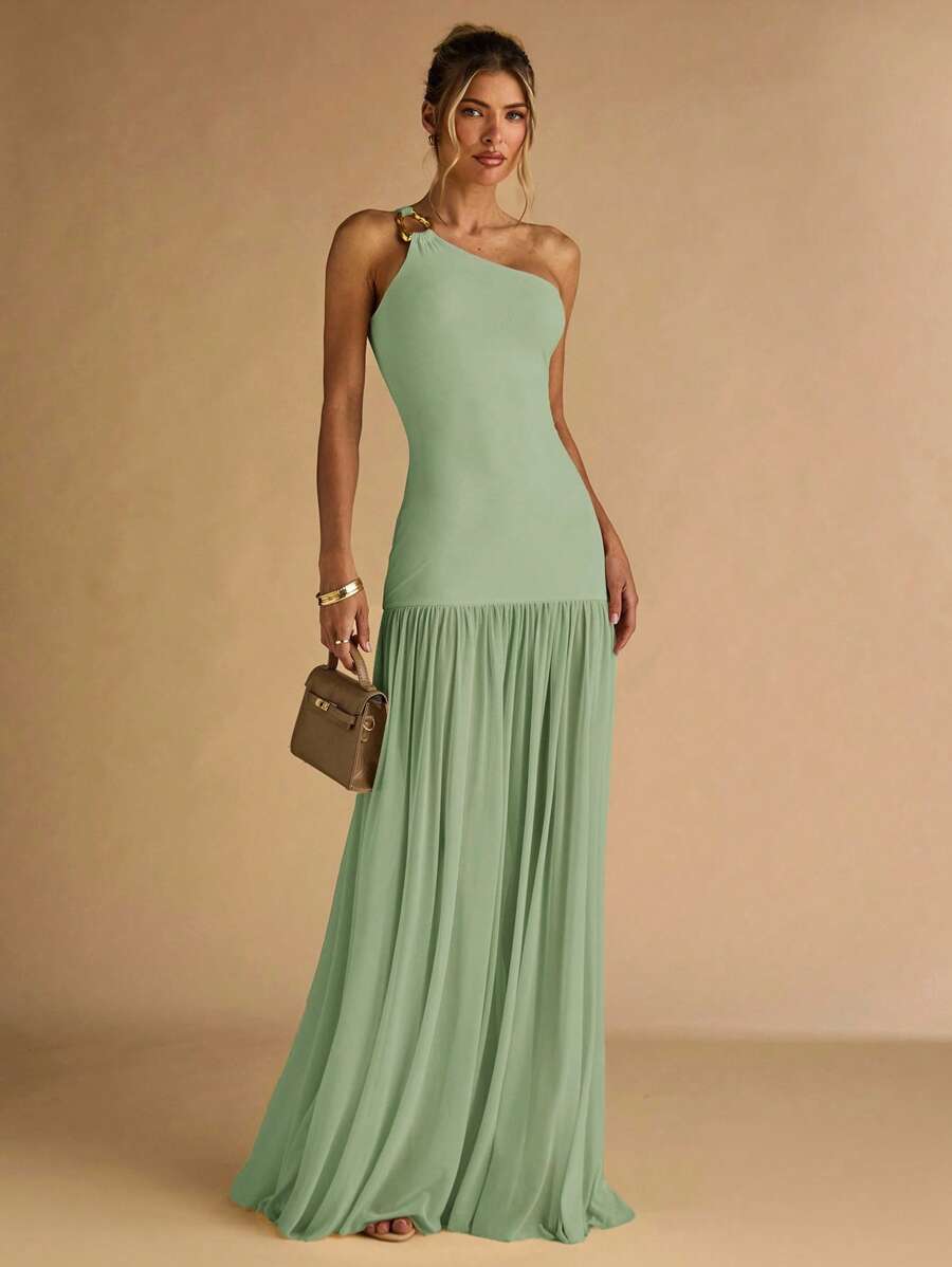 SHEIN BAE 女士杏色不对称肩部金属扣装饰紧身连衣裙，透明下摆，优雅 - 薄荷綠 - 查看 1