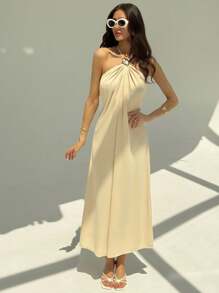 Aloruh New Champagne Backless Pleated Simple Long Halter Dress With Metal Ball Decor, Oversized Fit, Flattering Silhouette,Boho Clothes Women