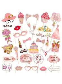 33 件玫瑰金闪光生日照片亭道具套件，DIY 趣味生日快乐照片道具套装，适用于女性装饰品（带棍棒），生日派对装饰品及用品，圣诞节 - 彩色 - 查看 20