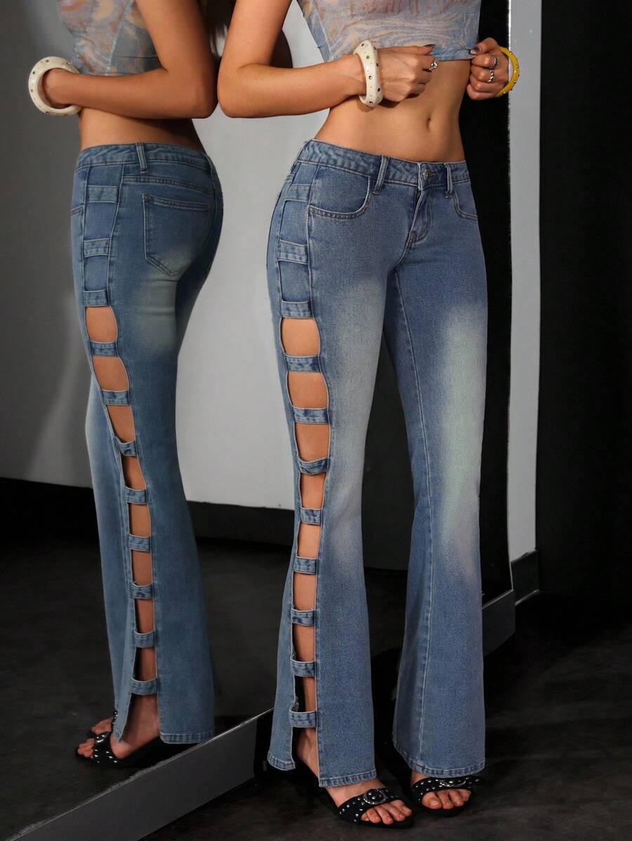 Jeanoix Women's Side Patchwork Flare Leg Casual Jeans, Skinny Flare Jeans Y2k - Medium Wash - View 1