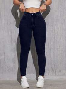 SHEIN Cottnline Women's Casual Solid Color Front Button Skinny Jeans - Dark Wash - View 6
