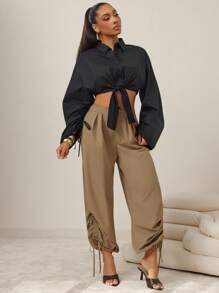 Vixey Casual Solid Color Drawstring Ankle Pants, Business Casual Woman, Office - Brown - View 1