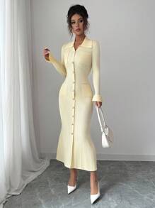 Selianne Elegant Ribbed Cream Yellow Ruffle Trim Collared Single-Breasted Fitted Waist Midi Knit Dress, Autumn/Spring - Yellow - View 6