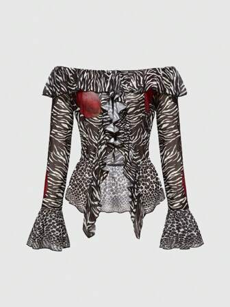 Hippie Chemise de dame à imprimé animal à l'épaule dénudée avec volant à l'ourlet, beauté sauvage style Y2K