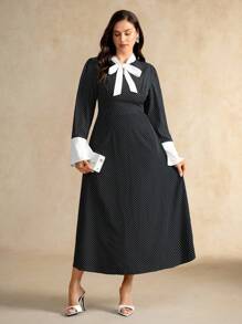 Flouryn Plus Size Women's Polka Dot Lace-Up Long Dress, Elegant And Fashionable For Outings And Gatherings Fall Cloth For Women