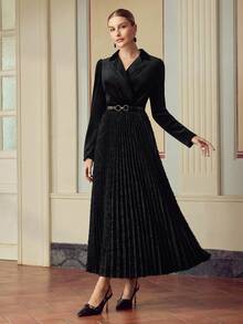 ZEYLAH 女式长袖天鹅绒褶饰拼布西装外套式连衣裙，秋冬 - 黑色 - 查看 4