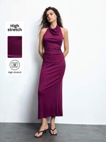 Maija Conjunto de top corto sin mangas de cuello drapeado de punto acanalado morado y falda de cintura alta, estilo ceñido cómodo y agradable a la piel, adecuado para Pascua, festival de música, brunch de graduación, elegante