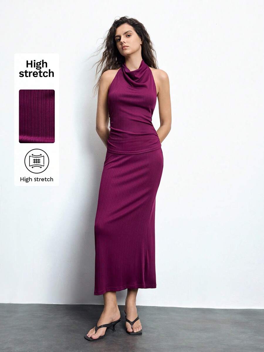 Maija Conjunto de top corto sin mangas de cuello drapeado de punto acanalado morado y falda de cintura alta, estilo ceñido cómodo y agradable a la piel, adecuado para Pascua, festival de música, brunch de graduación, elegante