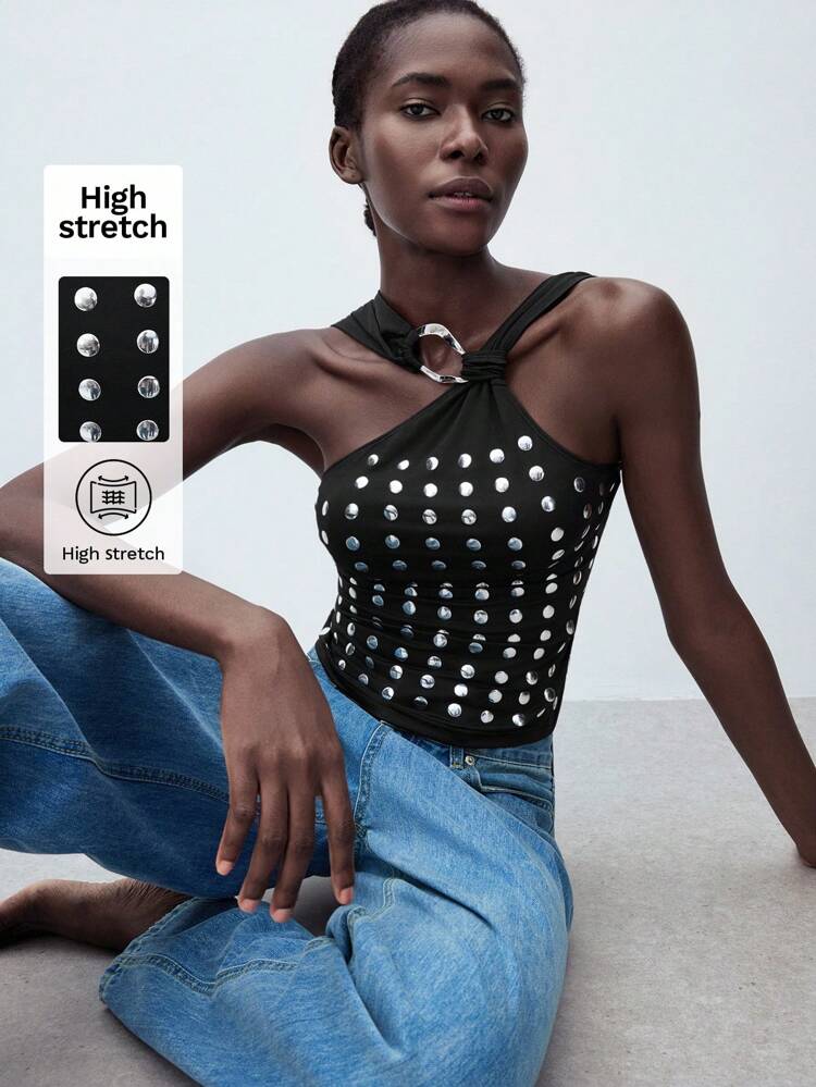 SHEIN Maija Top sans manches à col ras-du-cou avec décoration de rivets, tenue décontractée pour l'automne