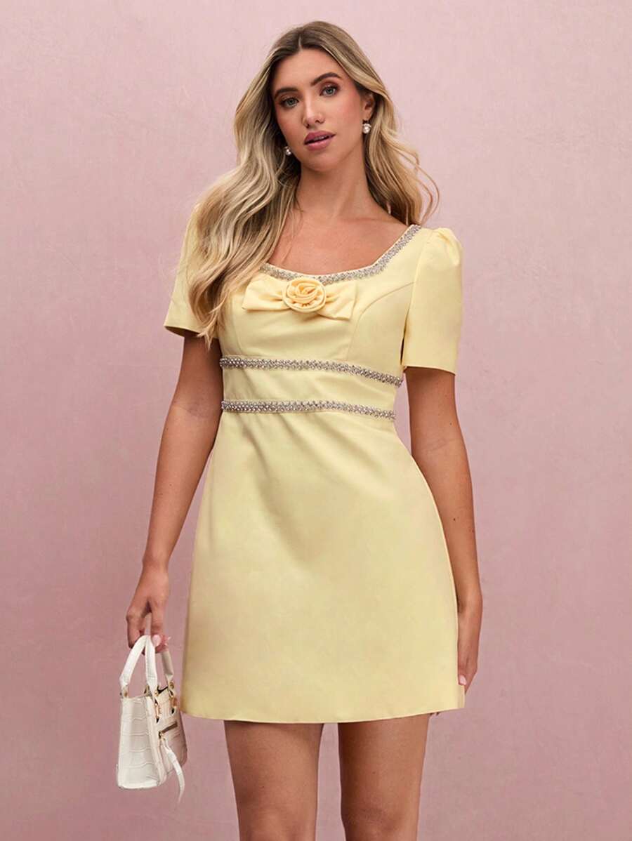 Enchnt Women's Pale Yellow Summer Elegant Tea Party Rose Bowknot Rhinestone Decor Short Sleeve Mini Dress,Sweet Princess Wedding Guest Birthday Outfits - Yellow - View 1