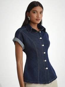 Daynim 女式休闲束腰牛仔衬衫 - 深色水洗藍 - 查看 5