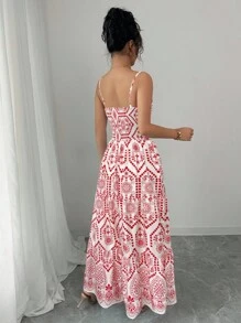 Chiquease 女士春季时尚休闲蓝白碎花吊带连衣裙，搭配亮红色夏季连衣裙，适合大学校园穿着 - 紅色 - 查看 2