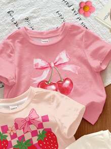 SHEIN Bộ 3 áo thun tay ngắn cổ tròn tối giản cho bé gái, phù hợp cho mùa xuân/hè - Nhiều màu - Xem 5