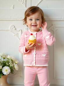 SHEIN 2pcs Baby Girls Pink And White Heart Pattern Knitted Cardigan+Pants Set,Cute Autumn Matching Family Outfit,Soft Casual Fall Winter Clothes For Infant - Pink - View 6