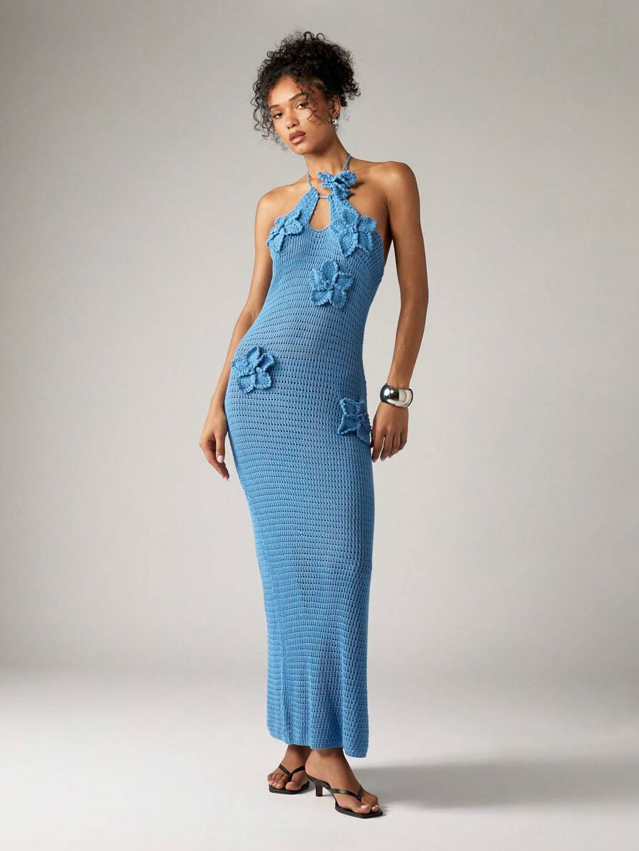 AiiRZ Handmade Crochet Maxi Dress Halter Neck Summer Beach Resort Wear  Floral Applique Long Sweetheart Neckline Evening Party Occasion Fitted  Vacation Dress Wedding GuestMISSGUIDED