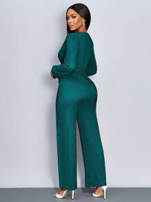 SOLERSUN Bộ đồ liền thân dài tay cổ chữ V sâu thắt nút xoắn - Màu xanh lá cây đậm - Xem 2