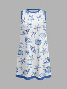 SHEIN EZwear 女士休闲海洋生物印花迷你连衣裙，适合夏季 - 彩色 - 查看 3