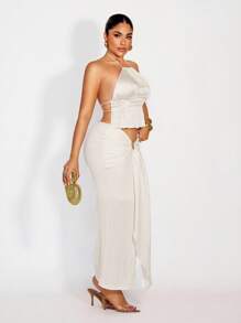 SHEIN Unity Retro Chic  Women's Apricot Textured Fabric A-Line Skirt - Apricot - View 3