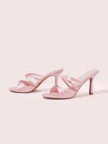 CUCCOO DOLLMOD 女士缎面面料水钻蝴蝶结装饰优雅仙女风格时尚圆头高跟凉鞋，粉色 - 粉色 - 查看 2