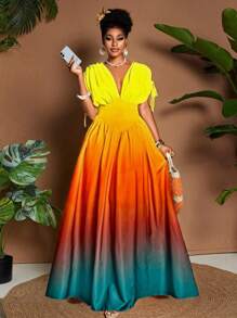Breezaya Đầm maxi chữ A thắt nơ cổ chữ V họa tiết ombre lãng mạn thanh lịch dành cho nữ, thiết kế đa năng cho các buổi đi chơi, bãi biển, lễ hội âm nhạc, trang phục dự tiệc cưới tốt nghiệp cho khách mời, phong cách công sở thường ngày Boho, thắt nơ eo đàn hồi, du lịch nghỉ dưỡng, váy maxi chữ A mùa xuân/hè/thu - Nhiều màu - Xem 4