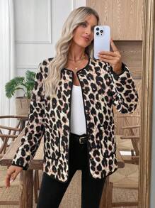 EMERY ROSE 女士时尚豹纹双口袋夹克，秋冬女士冬装冬季外套冬季外套女士冬装女士冬季外套女士冬装女士秋季服装 - 棕色 - 查看 7