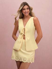 Enchnt Women's Pale Yellow Front Tie Vest & Floral Hollow-Out Mini Skirt Set, Elegant Summer Two Pieces Set For Brunch,Vacation&Date,Autumn Outfits - Yellow - View 3