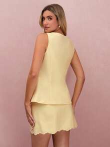 Enchnt Women's Pale Yellow Front Tie Vest & Floral Hollow-Out Mini Skirt Set, Elegant Summer Two Pieces Set For Brunch,Vacation&Date,Autumn Outfits - Yellow - View 7