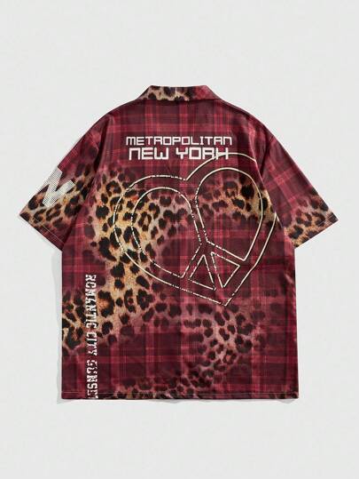 Street Life Chemise décontractée pour hommes avec imprimé patchwork léopard et carreaux, convient pour le printemps/été