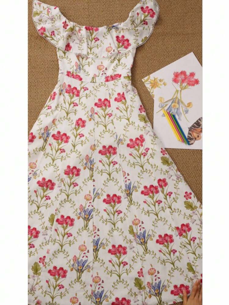 WOMEN'S LINEN BLEND OFF SHOULDER ALLOVER FLORAL PRINT LONG DRESS WITHOUT BELT