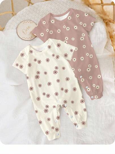 SHEIN 2pcs Newborn Unisex Baby Ditsy Floral Jumpsuit, Suitable For Summer Print