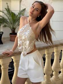 Aloruh Top sexy da donna con paillettes e schiena scoperta, adatto per l estate, spiaggia, vacanze tropicali, rave e festival